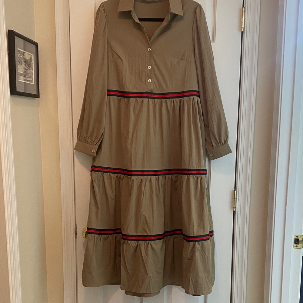 Stylish Tan Dress with Striped Accents
